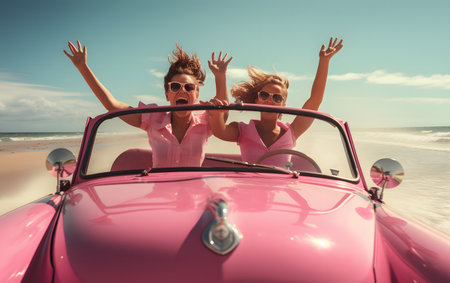 Couple in retro car with pink feathers against mountains and blue skyの素材