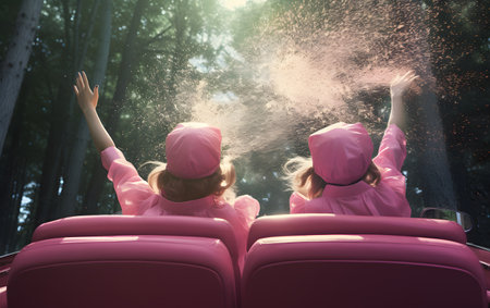Three friends driving a convertible car with their arms outstretched in the airの素材