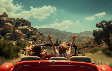 Rear view of happy women sitting in convertible with arms outstretched in desertの素材