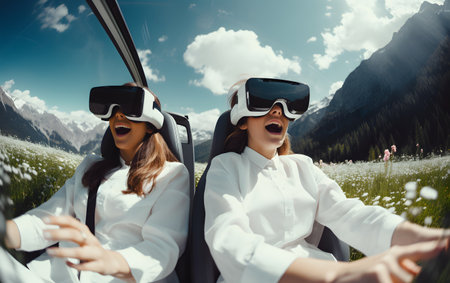 Rear view of happy women sitting in convertible with arms outstretched in desertの素材