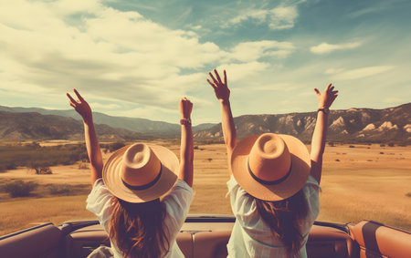 young woman in hat with hands up standing in convertible car on nature backgroundの素材