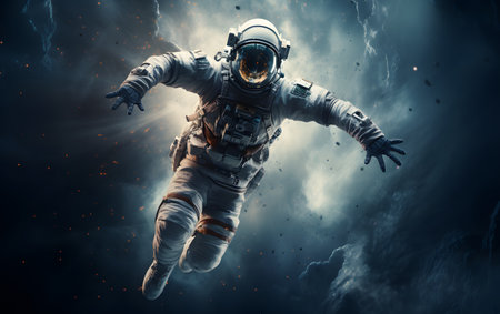 Astronaut in spacesuit against the background of the night skyの素材