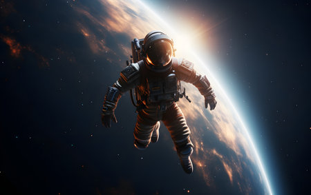Astronaut in space against the background of the planet. 3d renderingの素材