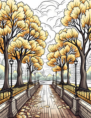 Beautiful autumn city park with trees and sidewalk. Vector illustration.の素材