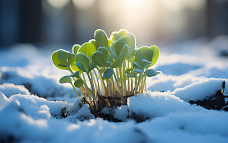 Small green sprouts growing from the ground covered with snow in the sunlightの素材