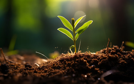 Green seedling illustrating concept of new life and nature growing from seedの素材