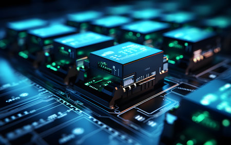 Circuit board with microchips and electronic components. 3d renderingの素材