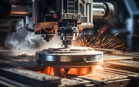 The CNC milling machine cutting the metal part with the sparking light. The sheet metal manufacturing process.の素材