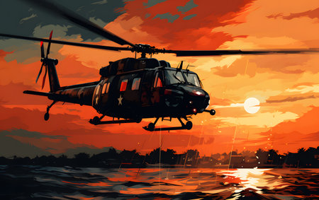 helicopter on the sea at sunset, illustration in vector formatの素材