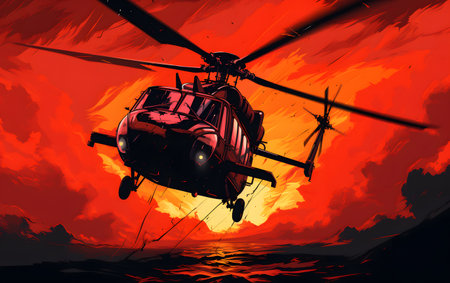 illustration of a helicopter flying over the sea in a red sunsetの素材