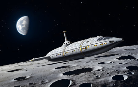 3D Illustration of a Space Shuttle Flying Around the Moon.の素材