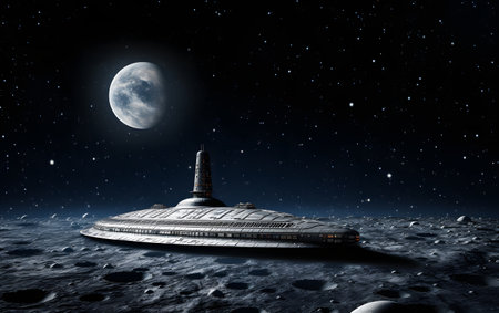Alien spaceship in deep space with full moon. 3D rendering.の素材
