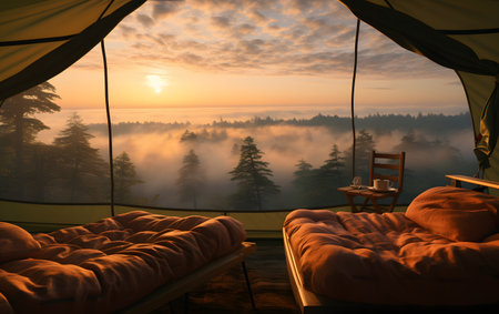 Camping tent with a view of the misty foggy mountains.の素材