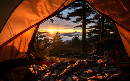 Camping tent on the top of the mountain with beautiful sunrise.の素材