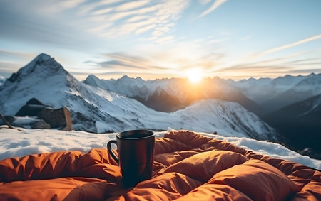 Coffee cup on the bed in the mountains at sunset.の素材