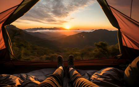 Woman relaxing in camping tent with sunrise on the top of the mountainの素材