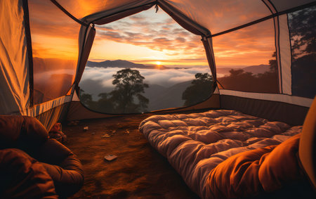 Camping tent on the mountain with sunrise in the morning, Thailand.の素材