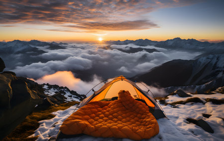 Camping tent on the top of the mountain with beautiful sunrise and cloudsの素材