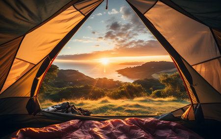 Camping tent on the top of mountain with beautiful sunrise background.の素材