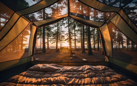 Camping tent in the forest at sunset. Tents for outdoor activities.の素材