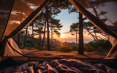 Camping tent in the pine forest at sunrise. Beautiful scenery.の素材