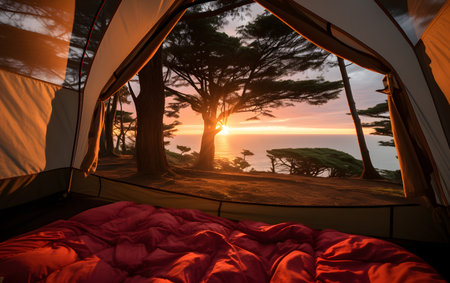 Camping tent with beautiful sunrise and pine forest on the background.の素材