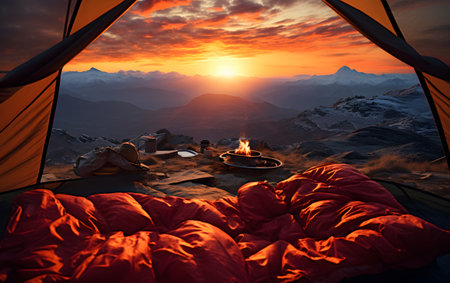 Camping in the mountains at sunset. The tent is open.の素材