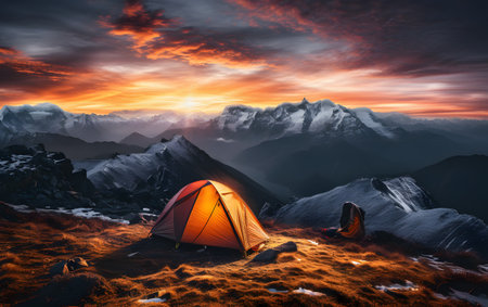 Tourist tent in the mountains at sunset. Camping in the mountains.の素材