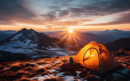 Camping on the top of a mountain in the rays of the rising sunの素材