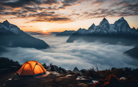 Camping on the top of the mountain at sunrise, Nepal.の素材