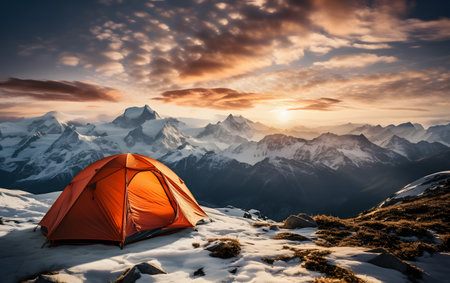 Tent in the mountains at sunset. Trek near Matterhorn mountの素材