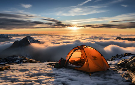 Camping on the top of a mountain in the clouds at sunsetの素材