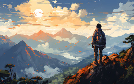 Hiker in the mountains at sunset, vector illustration, digital paintingの素材