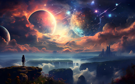 Fantasy landscape with a girl looking at the planet. 3d renderingの素材