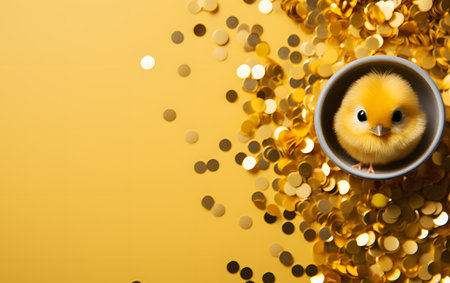 cute little chick in bowl with golden confetti on color backgroundの素材