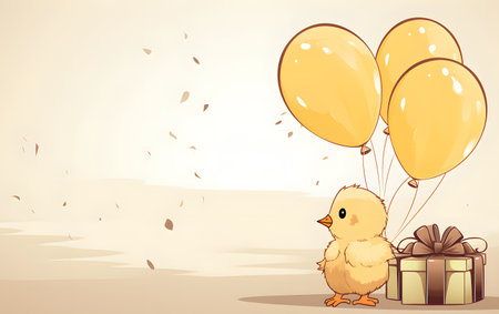 Illustration of a little chicken with a gift and balloons on a white backgroundの素材