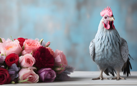 Beautiful rooster with flowers on wooden table against blue wall backgroundの素材