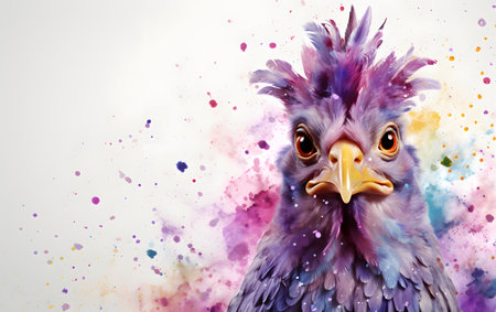 Portrait of a rooster with watercolor splashes on a white backgroundの素材