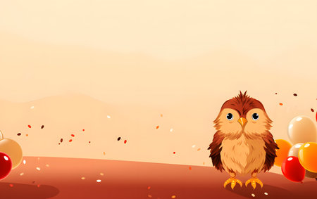 Illustration of a cute owl in the middle of a field with balloonsの素材