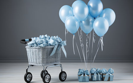 Shopping cart with blue balloons and gift boxes. 3D renderingの素材