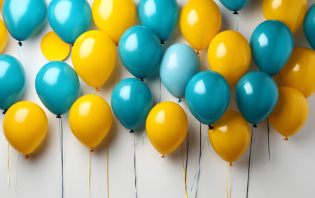Colorful balloons on white background, top view. Space for textの素材