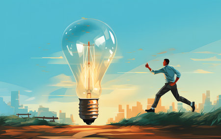 Conceptual image of a man running with a big light bulbの素材