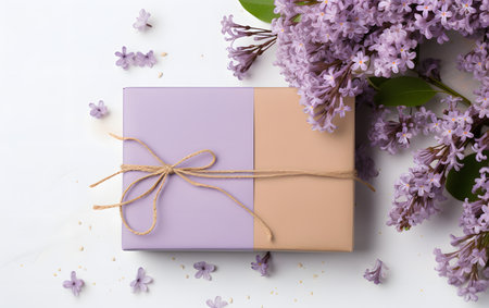 Gift box with bow and purple flowers on white background, top viewの素材