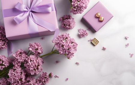 Gift box with bow and purple flowers on white background, top viewの素材