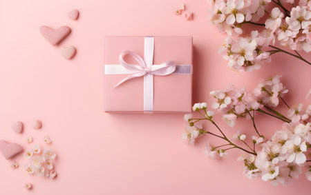 Gift box with bow and purple flowers on white background, top viewの素材