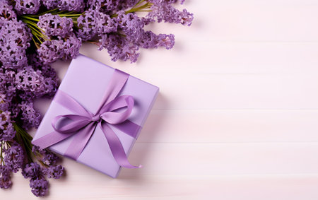 Gift box with bow and purple flowers on white background, top viewの素材