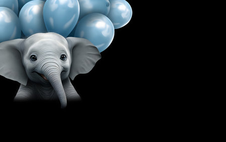 Elephant with balloons isolated on black background. 3D illustration.の素材