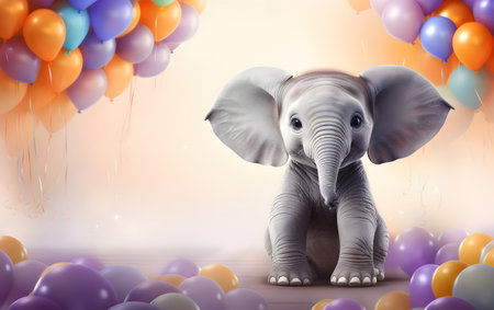 Elephant with colorful balloons in the background. 3D rendering.の素材