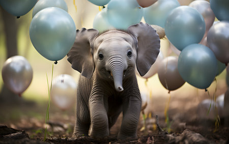 Elephant in the forest with blue and white balloons. 3d renderingの素材