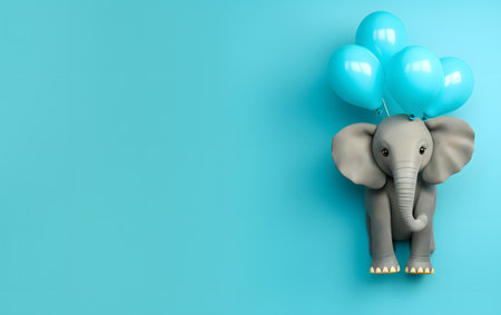 3d illustration of an elephant with balloons isolated on blue background.の素材